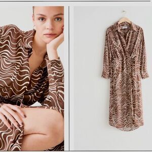 & Other Stories Brown White Swirl Retro Collared  Wrap Dress Midi Size 8-Medium